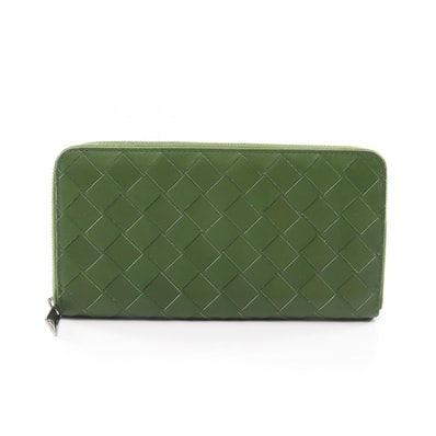 ボッテガヴェネタ BOTTEGA VENETA イントレチャート ラウンド長財布 財布 レザー メンズ レディース グリーン系 【中古】