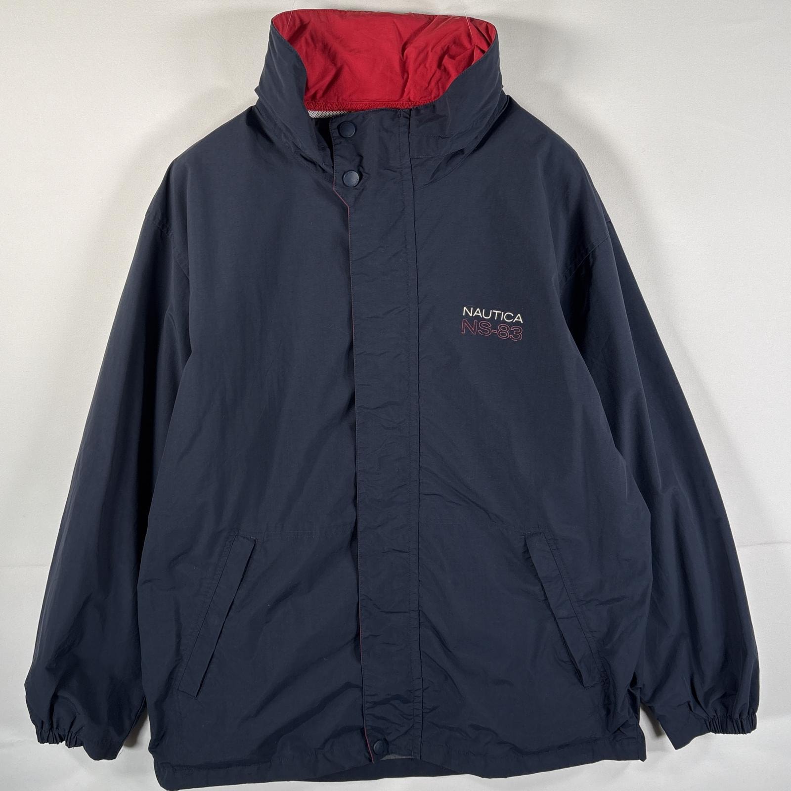 古着 ノーティカ NAUTICA ナイロンジャケット バックビッグプリントロゴ フルジップ ワンポイントロゴ 収納フード付き L  ネイビー メンズ