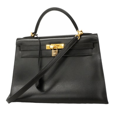 【6hb0093】エルメス ハンドバッグ ケリー32 ボックスカーフ ブラック ゴールド金具 □E刻印 2wayバッグ【中古】レディース