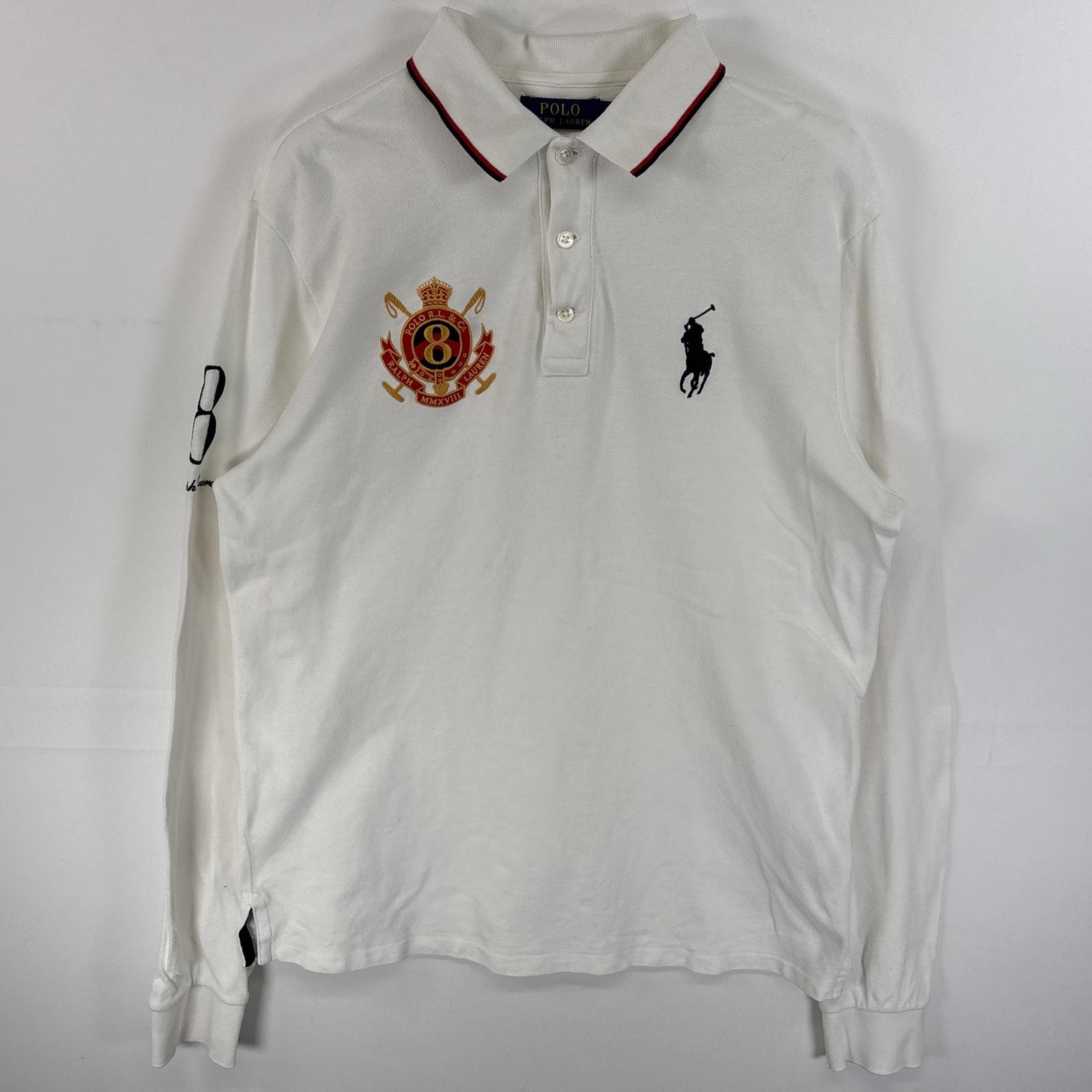 古着 ポロ・ラルフローレン POLO RALPH LAUREN ポロシャツ ビックポニー ロゴ 刺繍 CUSTOM SLIM  FIT M  ホワイト 無地 メンズ