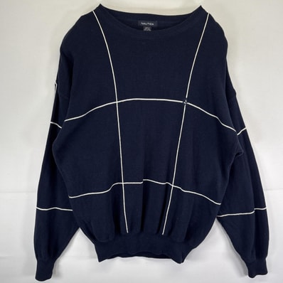 古着 ノーティカ NAUTICA コットンニットセーター ワンポイントロゴ 大きいサイズ チェック クルーネック 14041 ネイビー メンズ