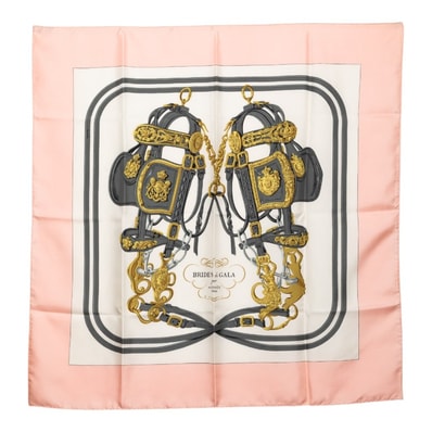 エルメス カレ90 BRIDES de GALA 式典用の馬勒 スカーフ 大判 ピンク系 シルク レディース HERMES 【中古】
