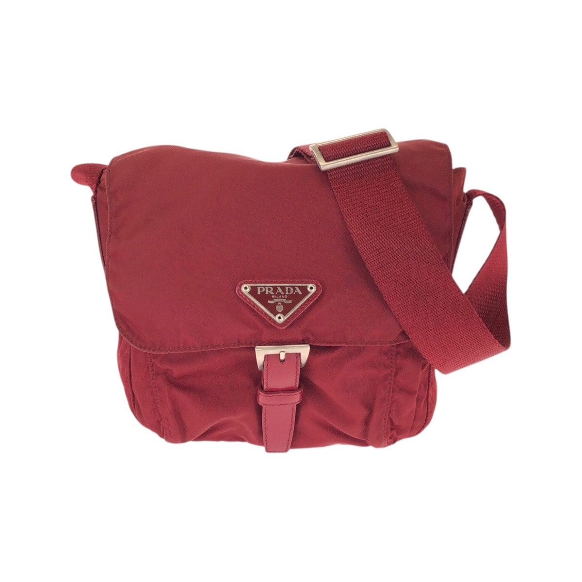 美品 PRADA プラダ テスート 三角ロゴプレート レッド シルバー金具 ナイロン ショルダーバッグ ポシェット 601691 【中古】