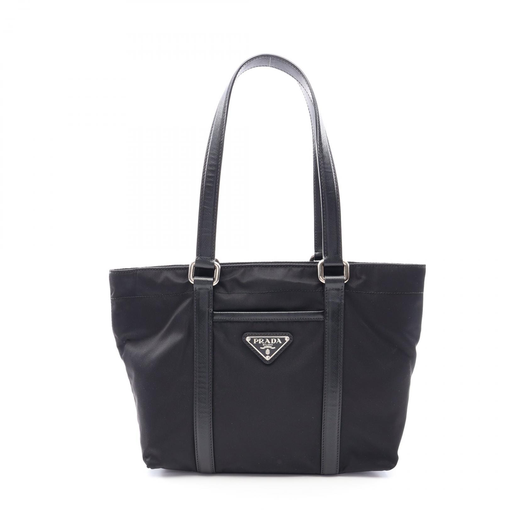 プラダ PRADA 三角プレート トートバッグ バッグ ナイロン サフィアーノレザー レディース ブラック系 【中古】