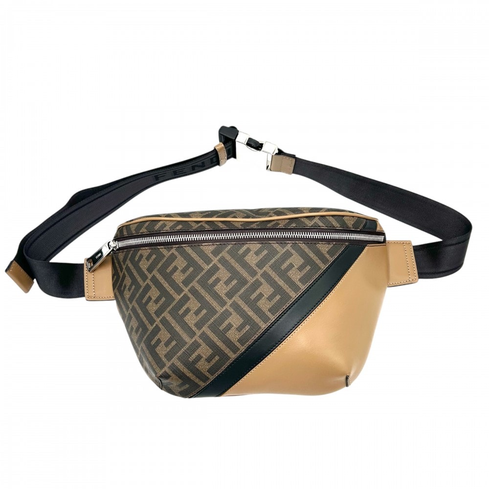 FENDI フェンディ ボディバッグ ズッカ ダイアゴナルベルトバッグ ウエストポーチ 鞄 かばん 7VA562 PVCコーティングキャンバス レザー ブラウン 茶 シルバー金具 メンズ 美品【中古品】