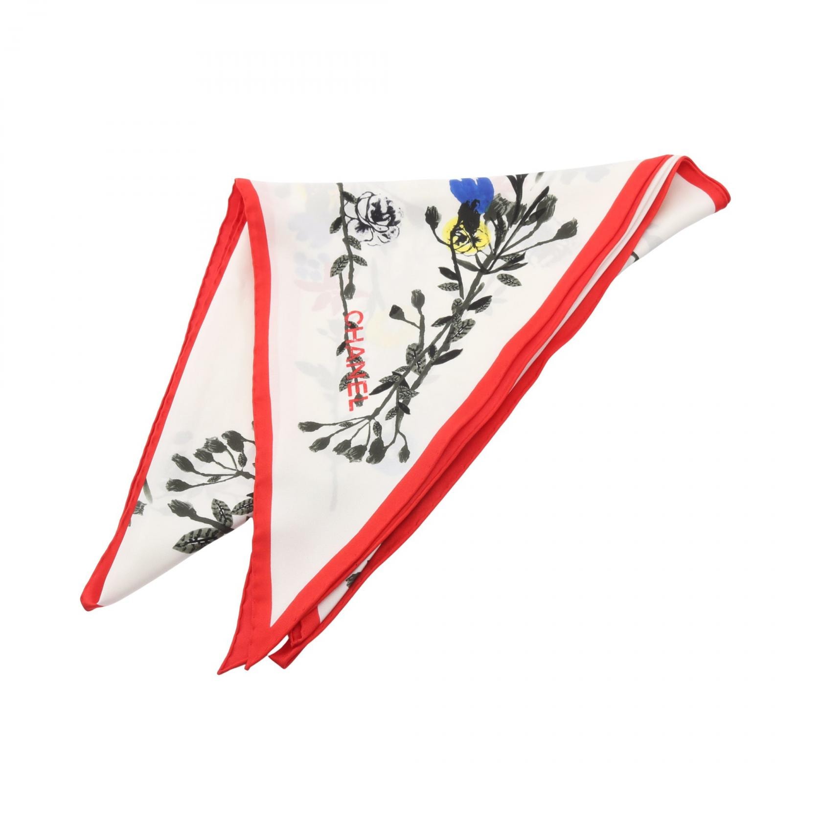 シャネル CHANEL 花柄 スカーフ 衣料品 シルク レディース ホワイト系 / レッド系 / マルチカラー 【中古】