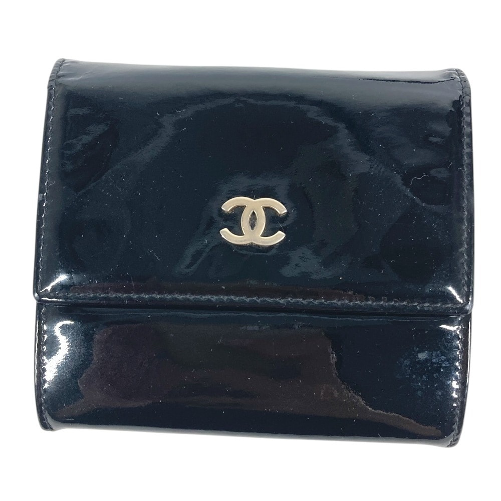 シャネル CHANEL CC ココマーク ロゴ コンパクトウォレット 3つ折り財布 エナメル ブラック