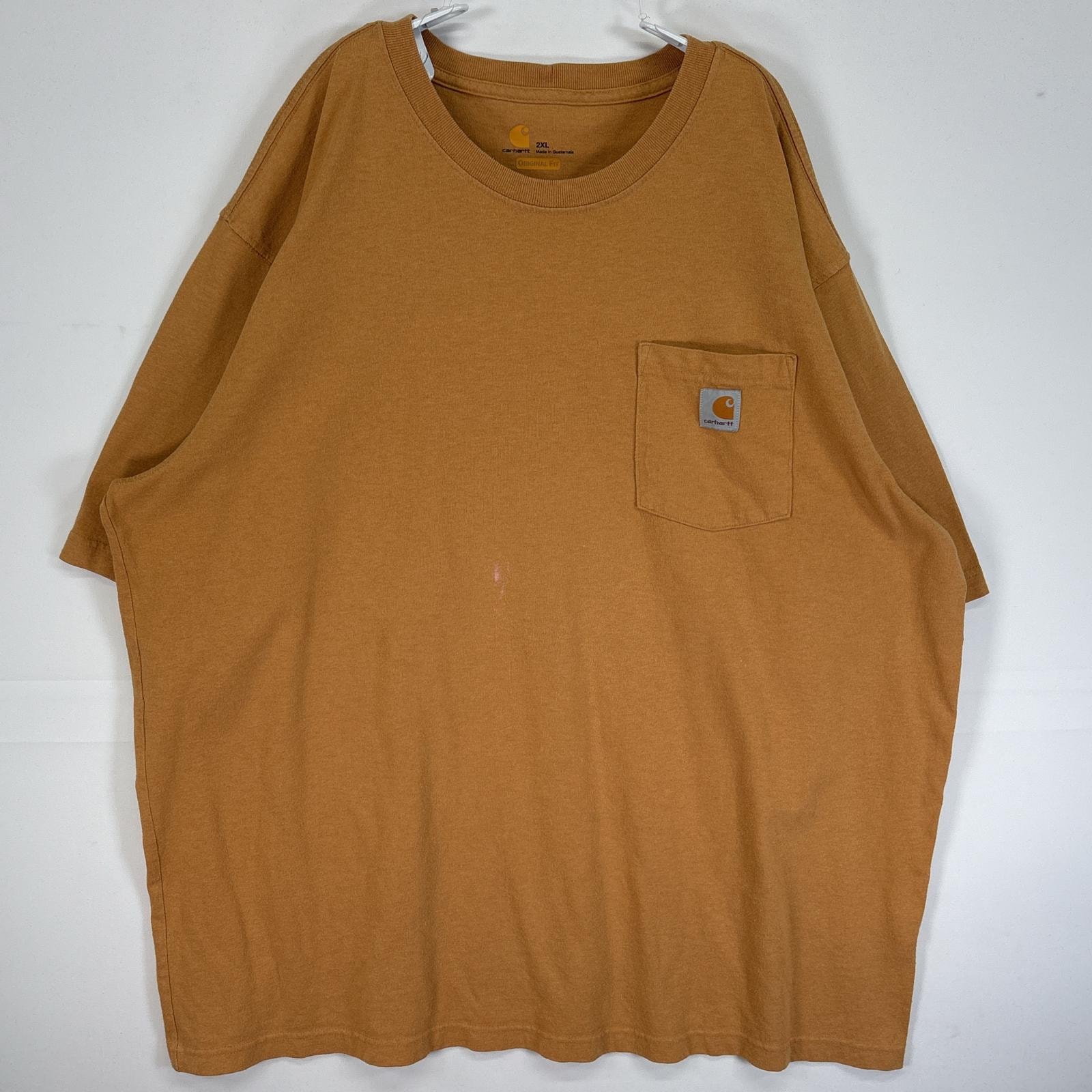 古着 カーハート Carhartt 半袖Tシャツ ワンポイント ロゴ 大きいサイズ 胸ポケ 2XL  ブラウン 無地 メンズ