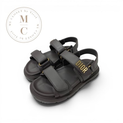 クリスチャンディオール CHRISTIAN DIOR DIORACT サンダル 靴 シューズ レザー グレー ゴールド 未使用 ロゴ スポーツサンダル フラット