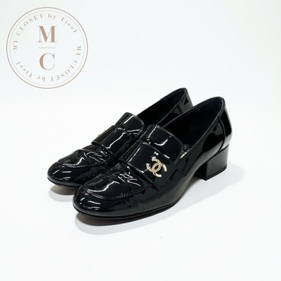 シャネル CHANEL ローファー 革靴 靴 シューズ パテントレザー ブラック ゴールド ココマーク