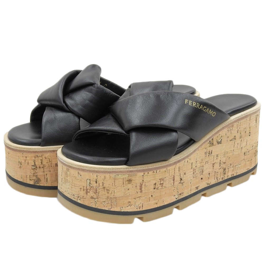 サルヴァトーレフェラガモ 新品同様 ENGRACIA コルク ウェッジソール サンダル シューズ レディース 黒 4C 24SS 4C