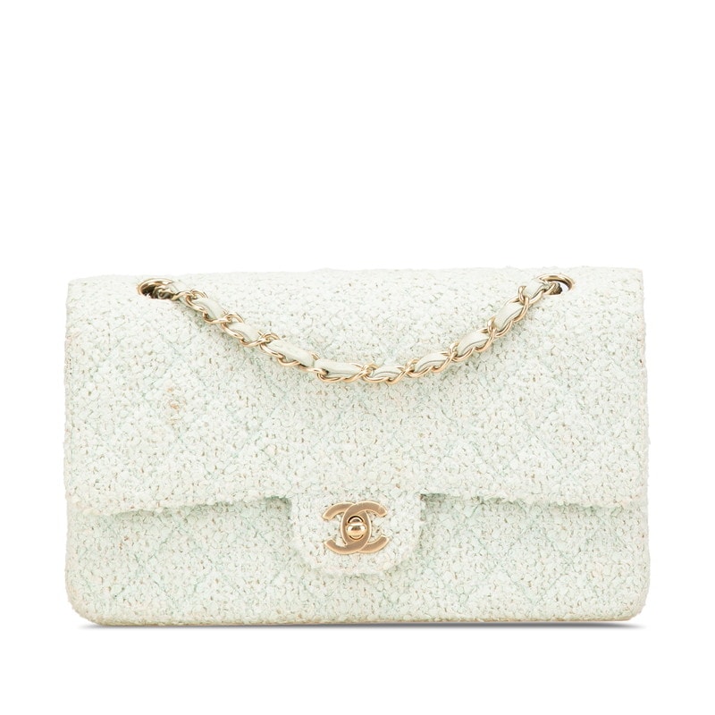 シャネル マトラッセ25 ココマーク Wフラップ チェーン ショルダーバッグ グリーン ミント ツイード レザー レディース CHANEL 【中古】