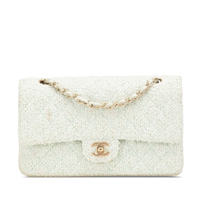 シャネル マトラッセ25 ココマーク Wフラップ チェーン ショルダーバッグ グリーン ミント ツイード レザー レディース CHANEL 【中古】
