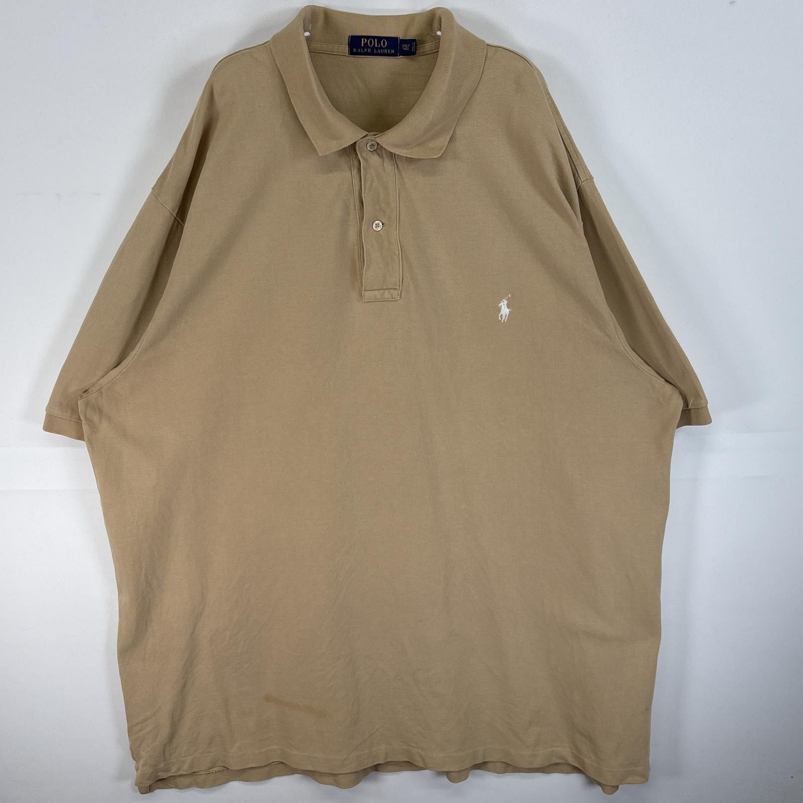 古着 ポロ・ラルフローレン POLO RALPH LAUREN 鹿の子 半袖 ポロシャツ ロゴ 刺繍 大きいサイズ 2ボタン 2XLT TALL  ベージュ 無地 メンズ