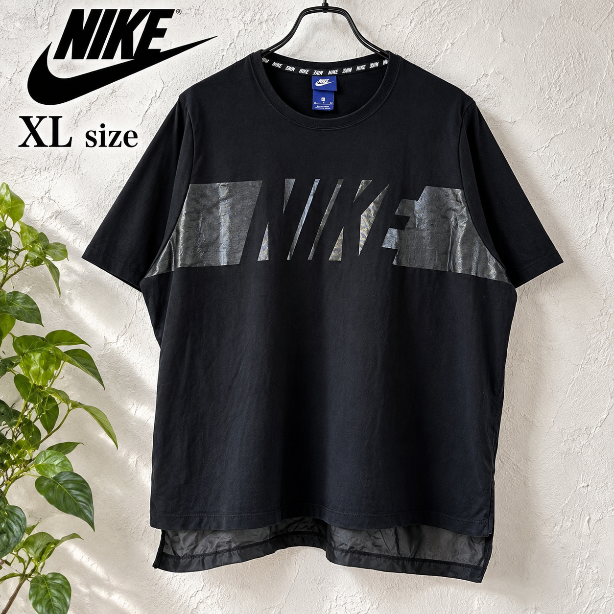 NIKE ナイキ 異素材切替 Tシャツ XL 黒 ビッグロゴ シアー
