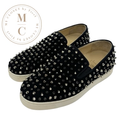 クリスチャンルブタン Christian Louboutin ローラーボート スニーカー 靴 シューズ スエード ブラック 黒 シルバー スリッポン スパイク スタッズ ラインストーン