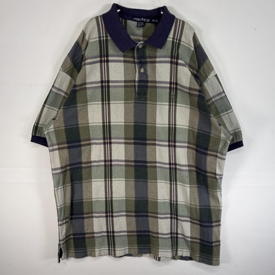 古着 90's/90年代 ノーティカ NAUTICA 半袖 ポロシャツ ロゴ 刺繍 大きいサイズ 肉厚 チェック XL ベージュ系 マルチカラー メンズ