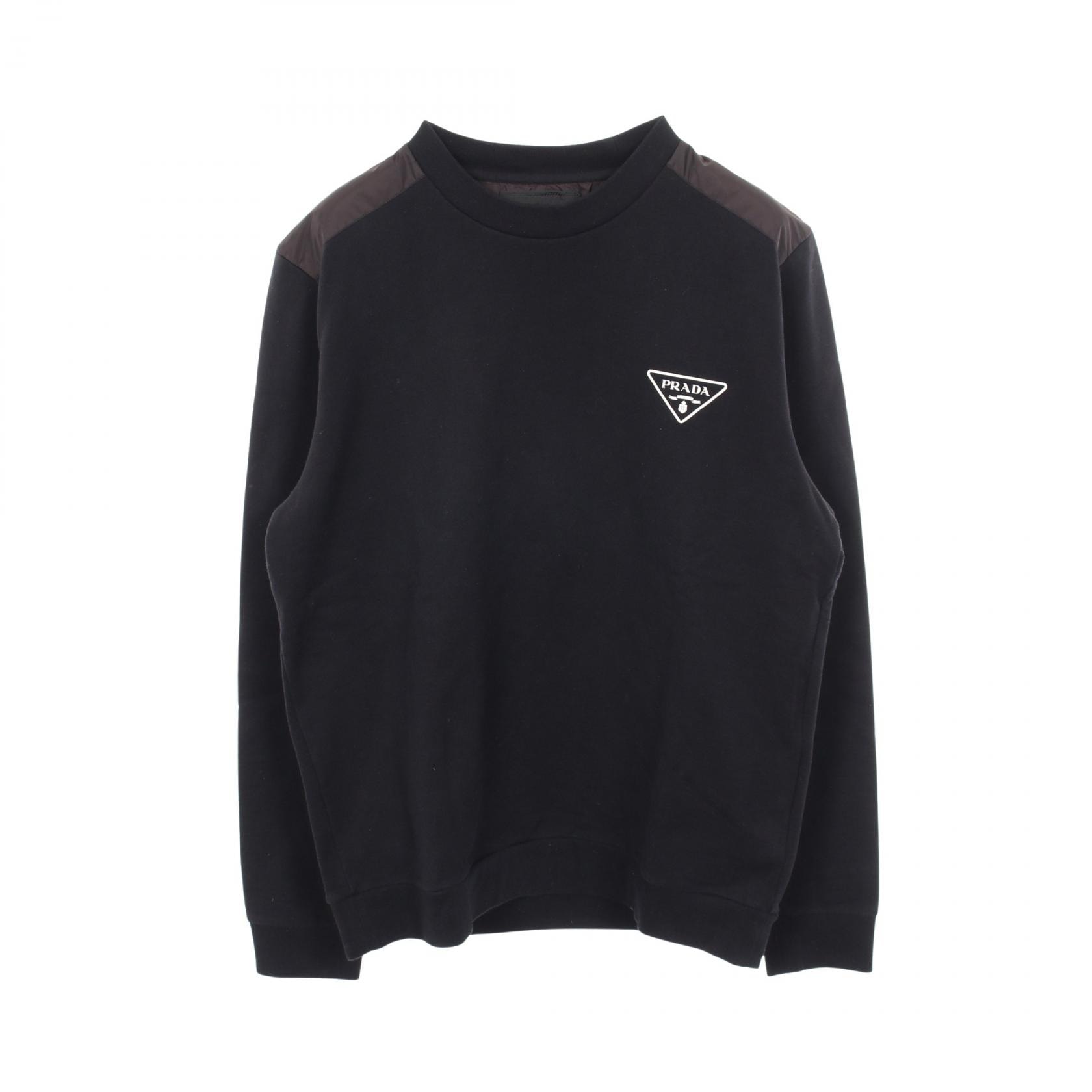 プラダ PRADA トライアングルロゴ クルーネック 切替 スウェット 衣料品 トップス コットン メンズ ブラック系 UJL21A 【中古】