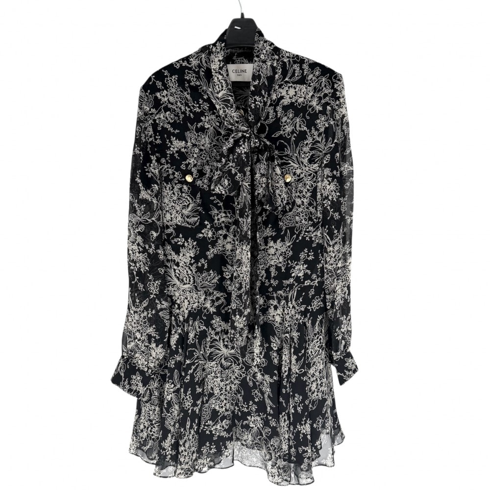 CELINE セリーヌ ワンピース 花柄 ボウタイ 長袖 アパレル 服 38 ブラック 黒 ベージュ ゴールド金具 シルク    レディース 美品【中古品】