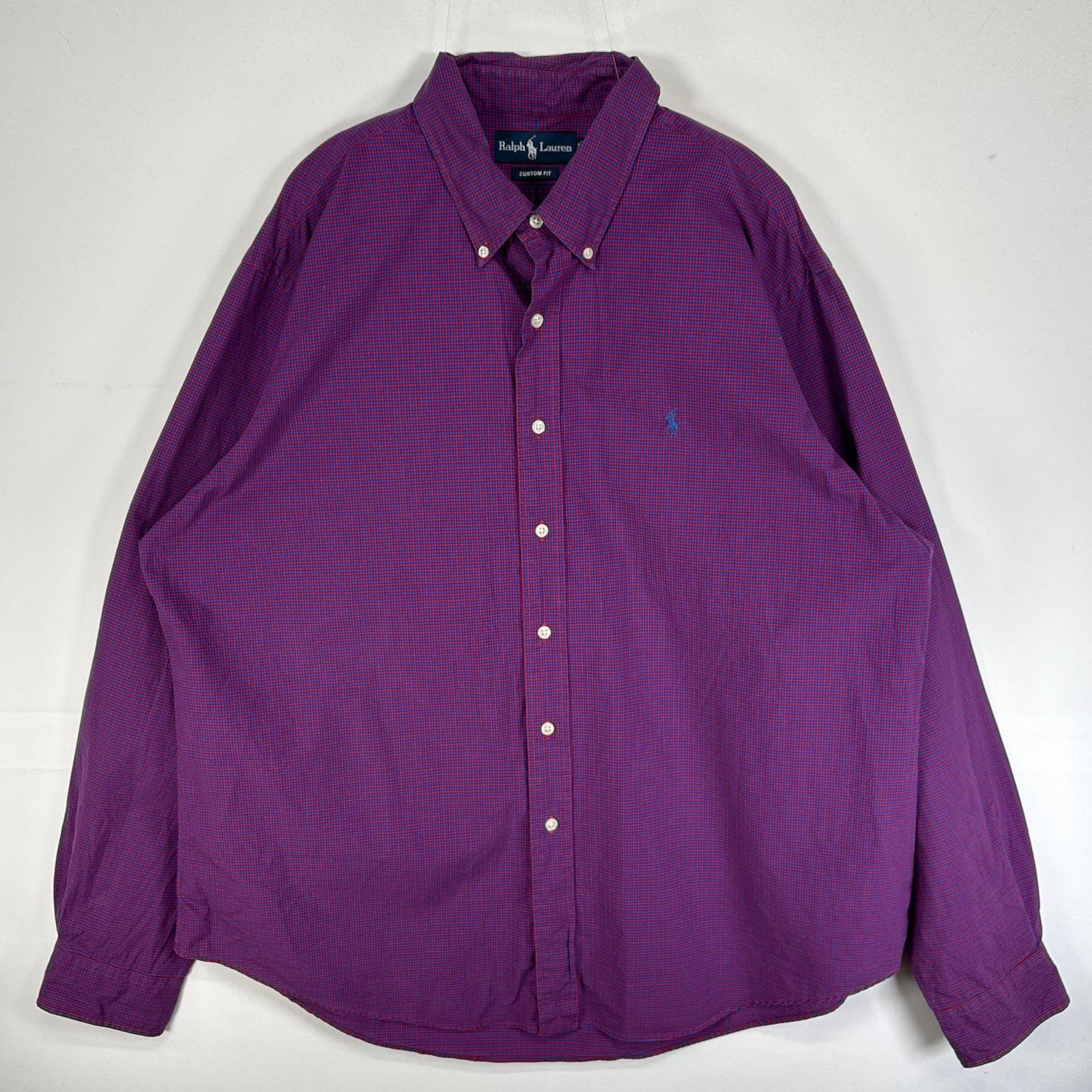 古着 ラルフローレン RALPH LAUREN 長袖シャツ ロゴ 刺繍 チェック 大きいサイズ 14041  パープル系 マルチカラー メンズ