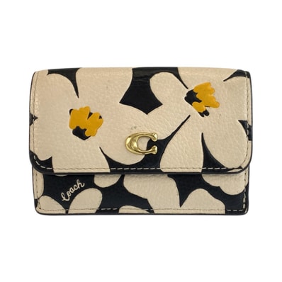 美品 COACH コーチ フローラル プリント エッセンシャル ミニ トライフォールド ウォレット ブラック ホワイト ゴールド金具 レザー 折り財布 コンパクトウォレット 601992 【中古】