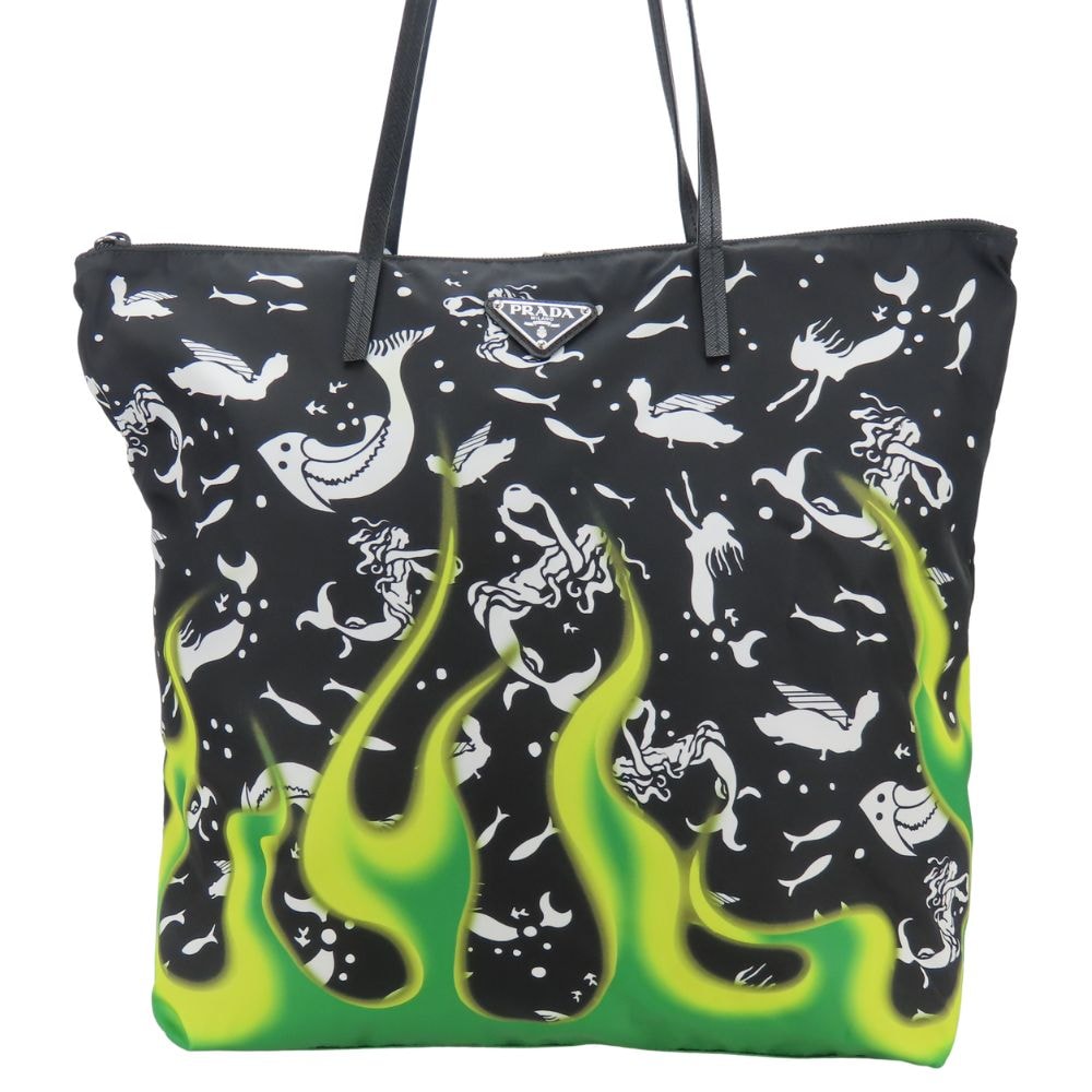 【中古】 プラダ トートバッグ マーメイド ナイロン レザー ブラック グリーン 肩掛け ファイヤーパターン レディース 女性 PRADA