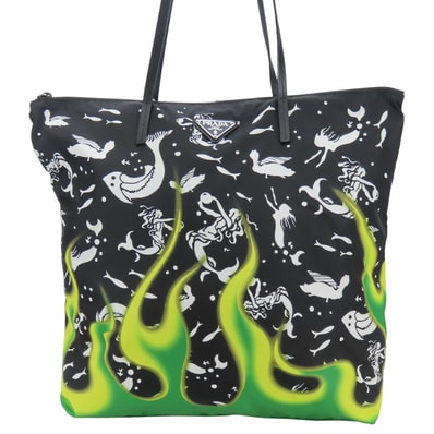 【中古】 プラダ トートバッグ マーメイド ナイロン レザー ブラック グリーン 肩掛け ファイヤーパターン レディース 女性 PRADA