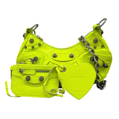 BALENCIAGA 極美品 バレンシアガ Le Cagole XS チェーンショルダーバッグ 712813 レザー ネオンイエロー シルバー金具 クロスボディ ポシェット スタッズ ハート ミラー・ポーチ付属 Aランク 中古 鑑定済 バレンシアガバッグ