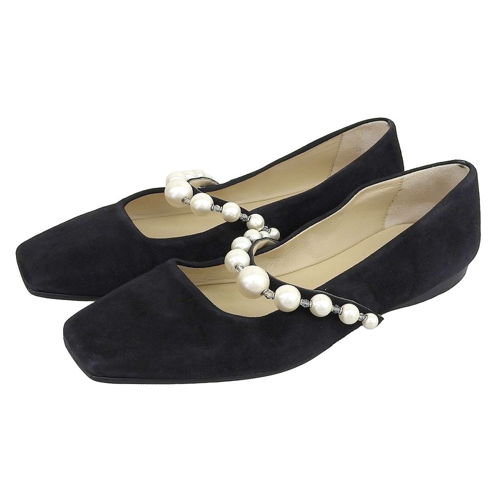 ジミーチュウ 美品 ADE FLAT SZR スエード パール付き フラットパンプス シューズ レディース ブラック 36.5 36.5