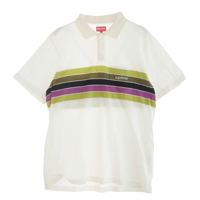 Supreme シュプリーム ポロシャツ 18SS hest Stripe Polo チェストストライプ ボーダー ポケットロゴ刺繍 半袖 ポロシャツ ホワイト M マルチカラー系 M【中古】