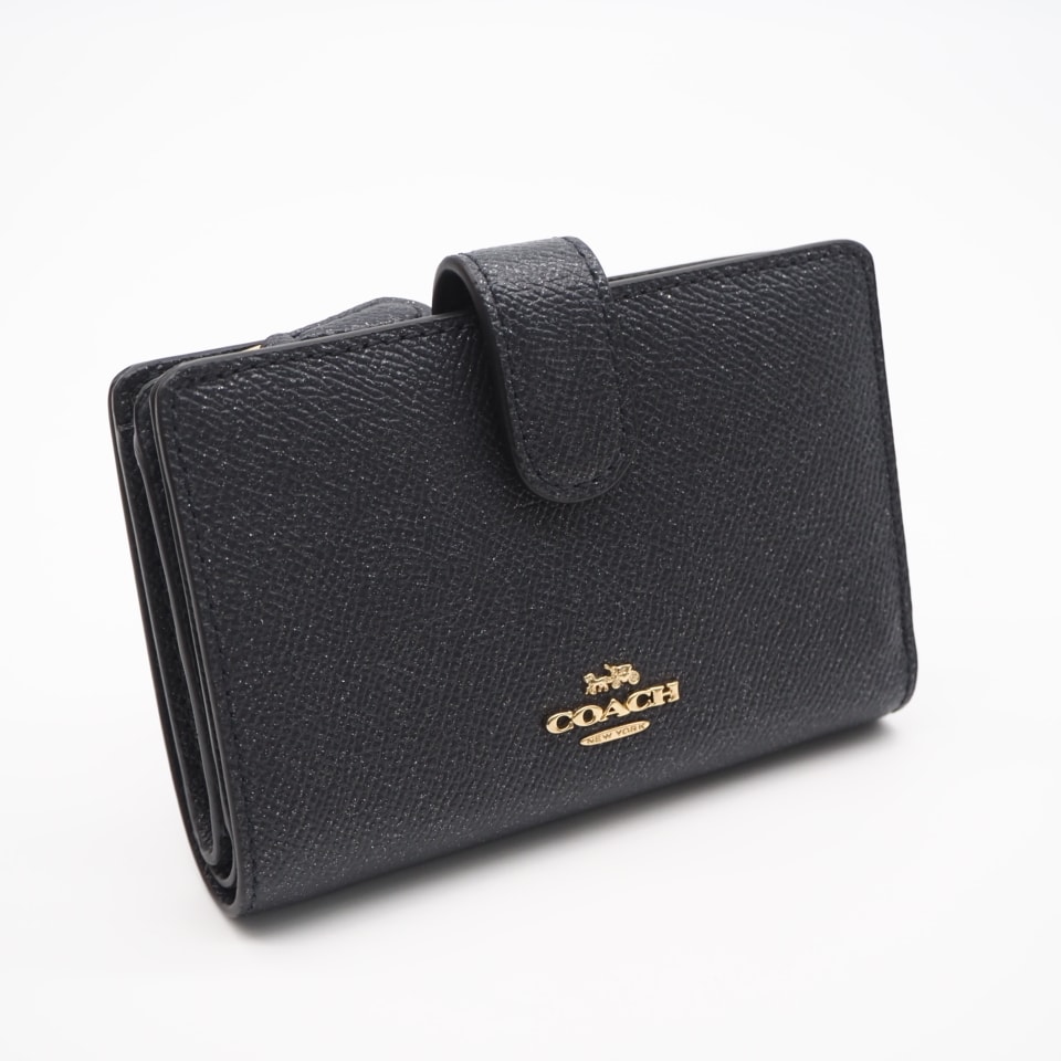 美品 COACH コーチ クロスグレインレザー グリッター ミディアム コーナー ジップ ウォレット F23237 二つ折り財布 ネイビー クロスグレインレザー レディース