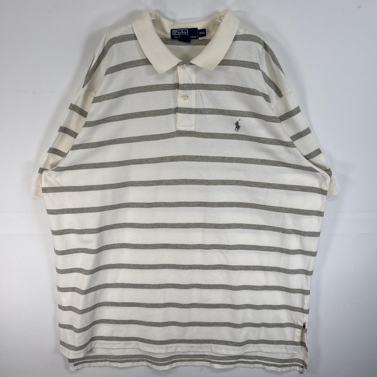 古着 90's/90年代 ポロバイラルフローレン Polo by Ralph Lauren 鹿の子 半袖 ポロシャツ ロゴ 刺繍 大きいサイズ 2ボタン 14041  ホワイト ボーダー メンズ