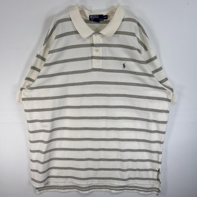 古着 90's/90年代 ポロバイラルフローレン Polo by Ralph Lauren 鹿の子 半袖 ポロシャツ ロゴ 刺繍 大きいサイズ 2ボタン 14041 ホワイト ボーダー メンズ