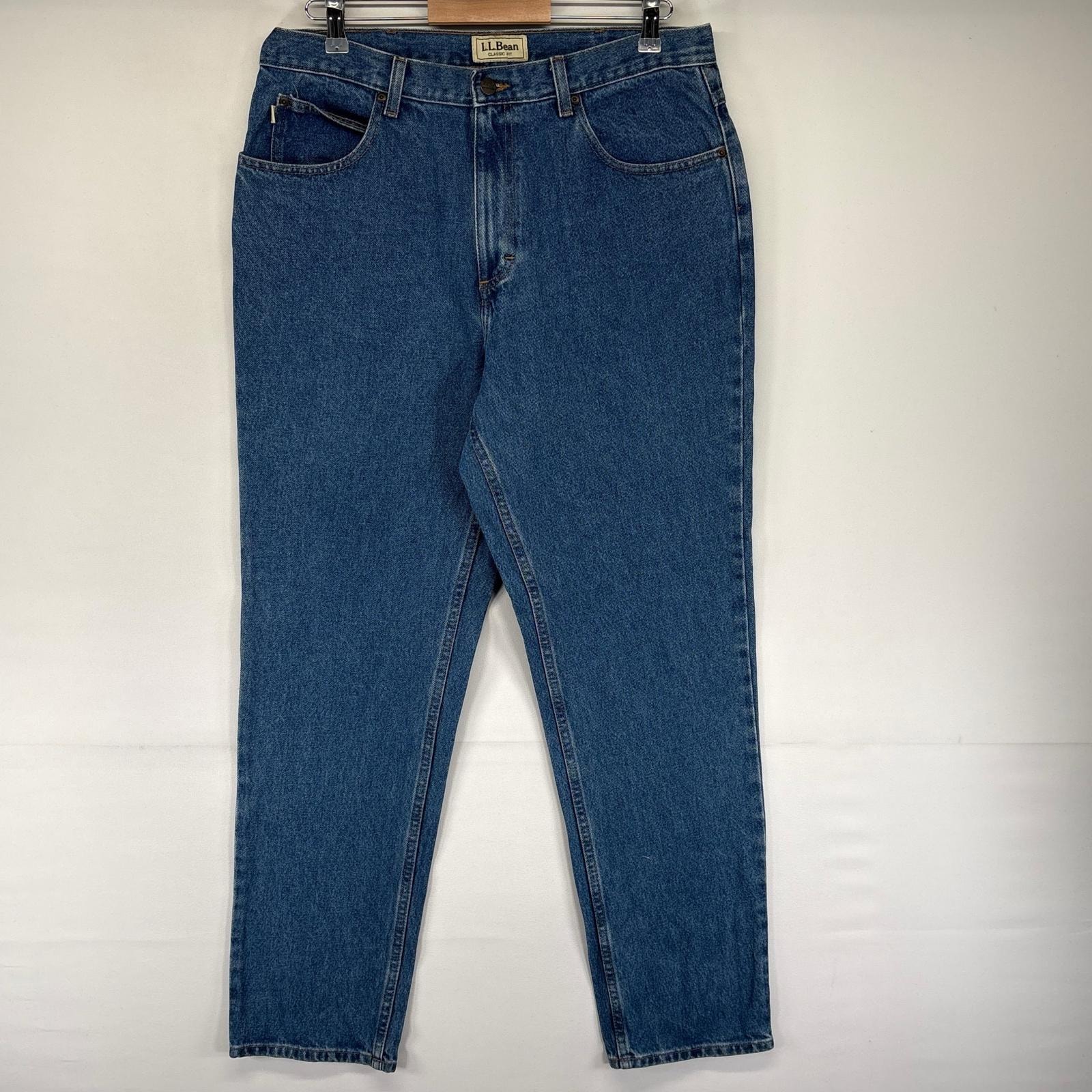 古着 エルエルビーン L.L.Bean デニム パンツ ジッパーフライ 5ポケット レザーパッチ アウトドア W36 L32  ブルー系 メンズ