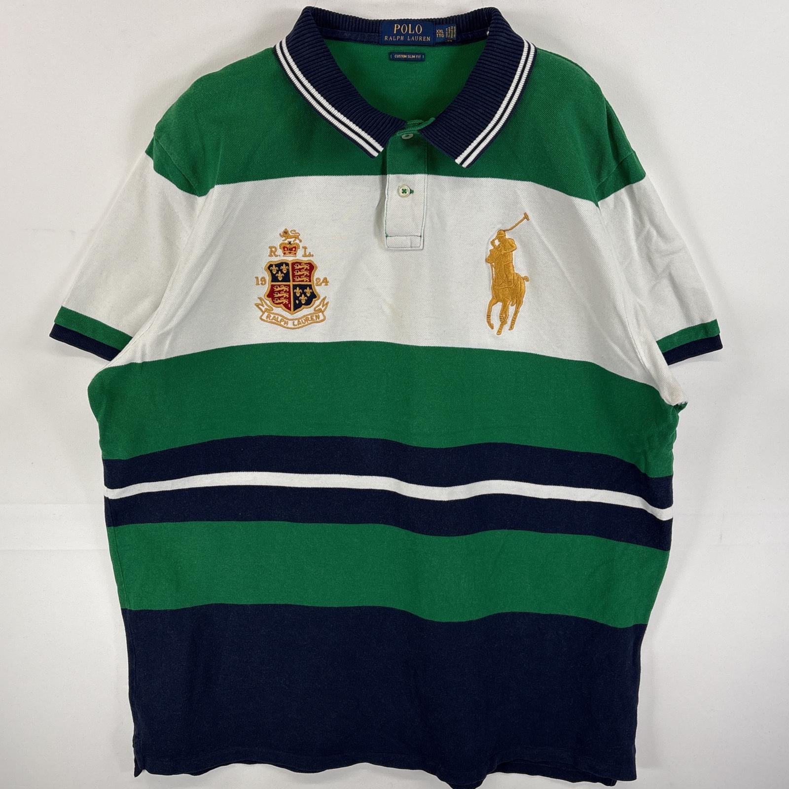 古着 ポロ・ラルフローレン POLO RALPH LAUREN ポロシャツ ビックポニー ワンポイント ロゴ 刺繍 襟切替 14041  グリーン系 マルチカラー メンズ