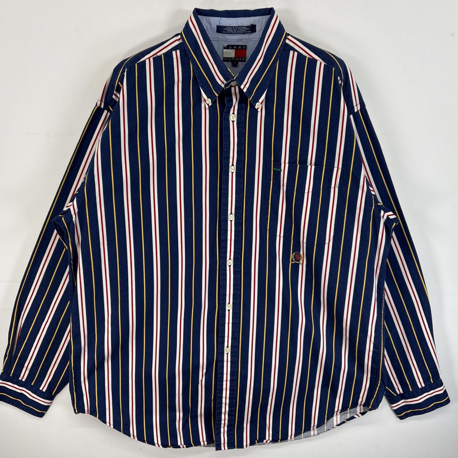 古着 90's/90年代 トミーヒルフィガー TOMMY HILFIGER 長袖シャツ ワンポイント ロゴ 刺繍 ストライプ 厚手 L  ブルー系 マルチカラー メンズ