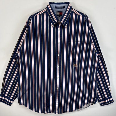 古着 90's/90年代 トミーヒルフィガー TOMMY HILFIGER 長袖シャツ ワンポイント ロゴ 刺繍 ストライプ 厚手 L ブルー系 マルチカラー メンズ