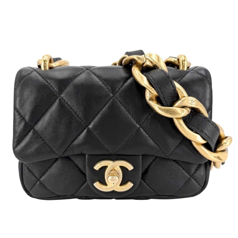 CHANEL シャネル ショルダーバッグ マトラッセ ココマーク 肩掛け チェーン スクエア ミニバッグ ラムスキン ブラック 黒 ゴールド金具 レディース 美品【中古品】