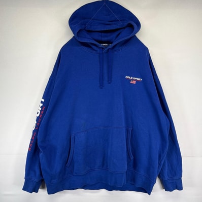 古着 ポロスポーツ POLO SPORTS パーカー スウェット 大きいサイズ プルオーバー 刺繍ロゴ 袖ロゴ フーディ 3XL ブルー メンズ