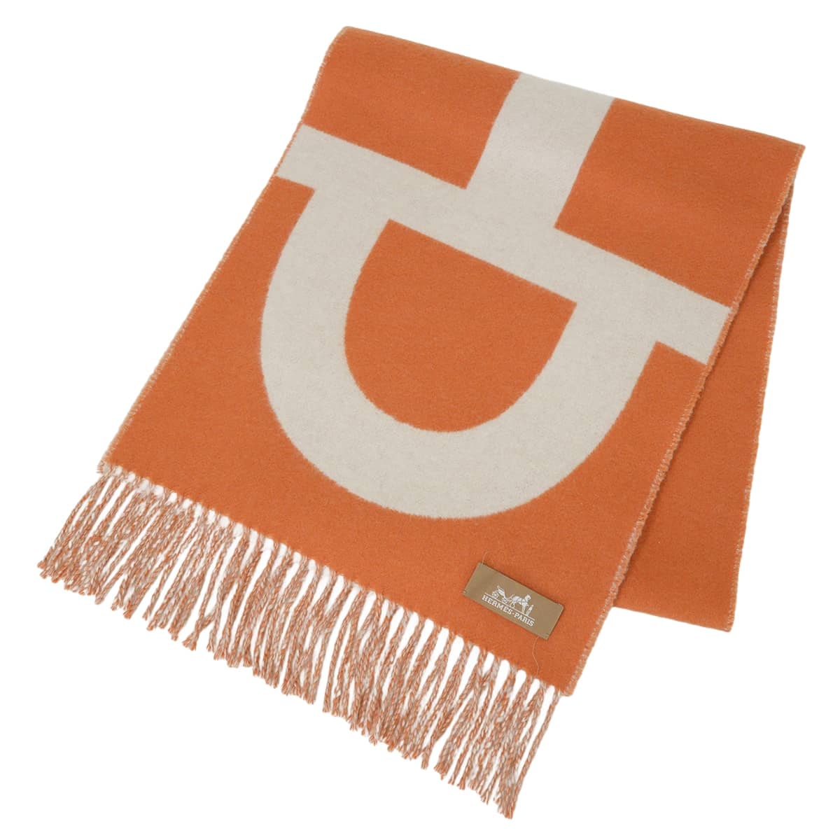 【渋谷並木橋店】2023年秋冬 HERMES エルメス マフラー グランモール オレンジ/アイボリー カシミヤ Aランク【中古】
