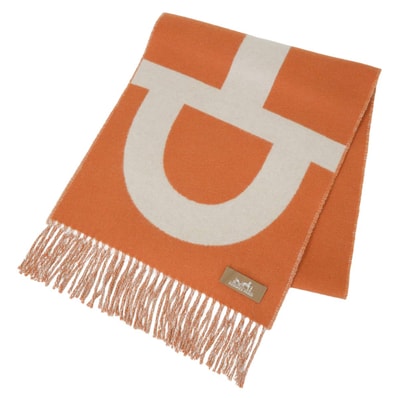 【渋谷並木橋店】2023年秋冬 HERMES エルメス マフラー グランモール オレンジ/アイボリー カシミヤ Aランク【中古】