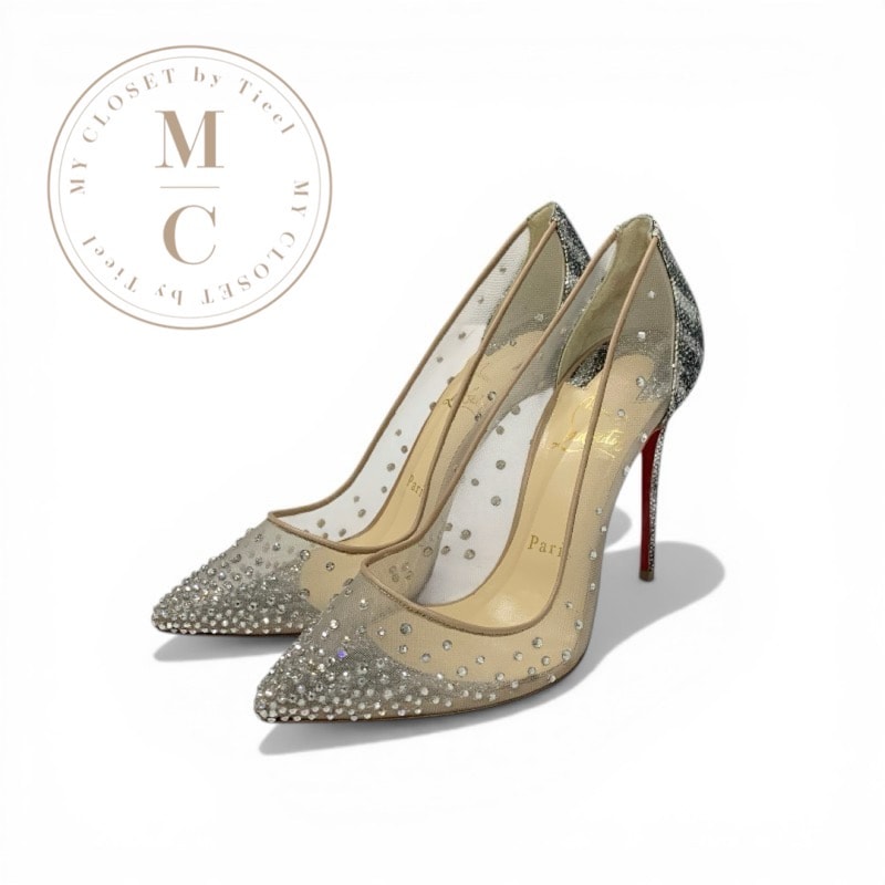 クリスチャンルブタン Christian Louboutin パンプス 靴 シューズ レザー グリッター シルバー ベージュ 未使用 メッシュ ラインストーン メタリック ハイヒール パーティーシューズ