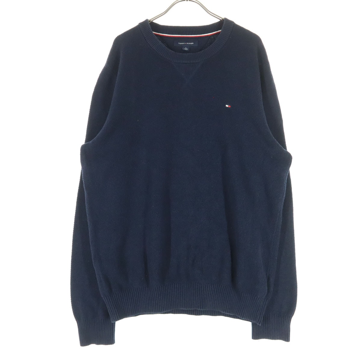 TOMMY HILFIGER トミーヒルフィガー 両V ワンポイントロゴ 長袖 コットン ニット XL ネイビー
