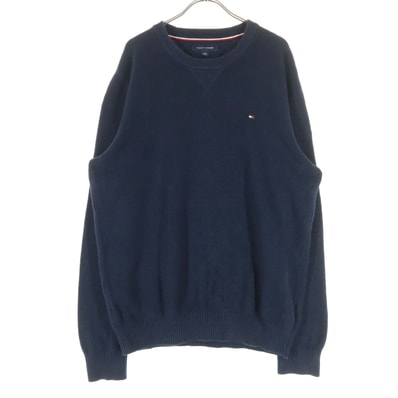 TOMMY HILFIGER トミーヒルフィガー 両V ワンポイントロゴ 長袖 コットン ニット XL ネイビー