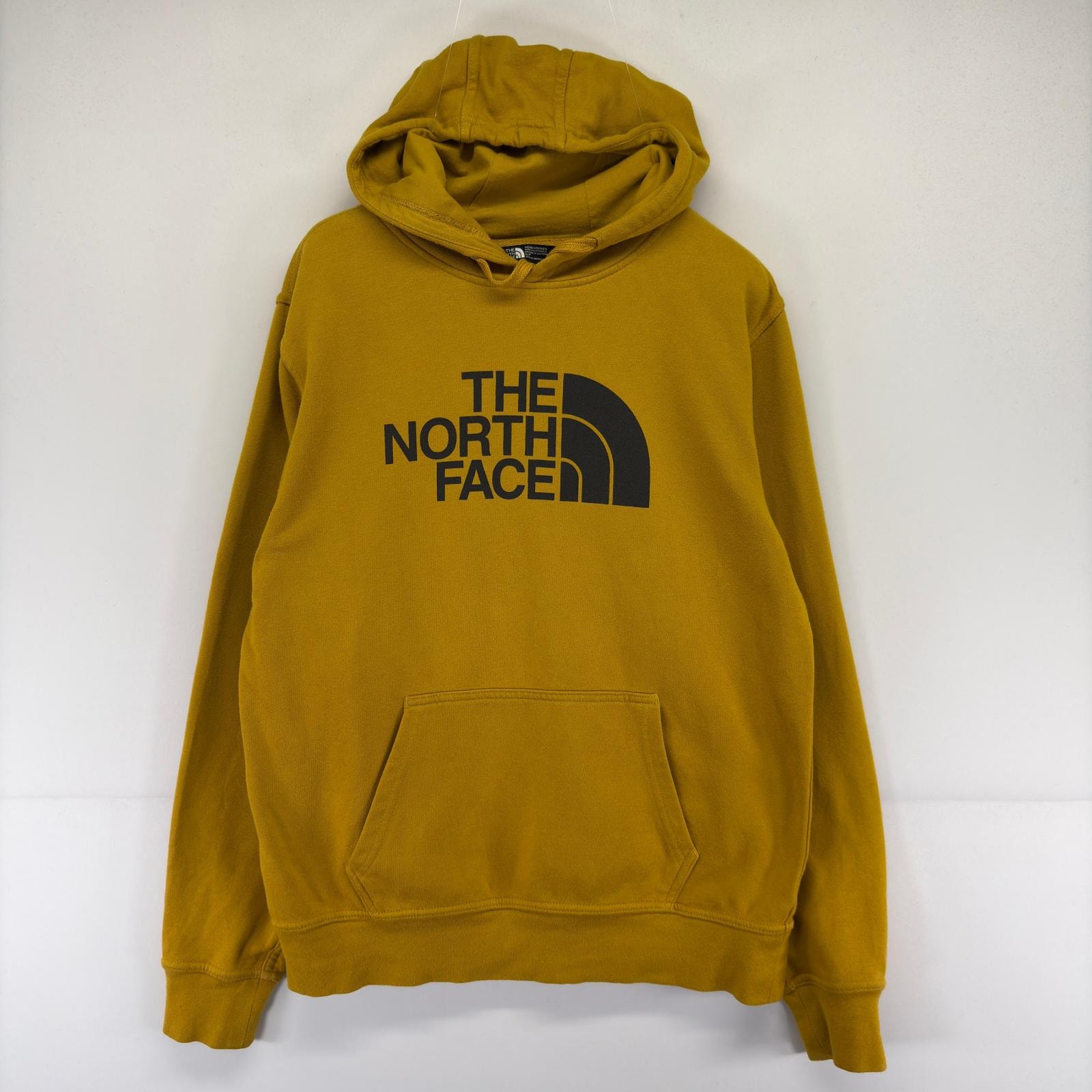 古着 ザ・ノースフェイス THE NORTH FACE スウェット ロゴ プリント 裏起毛 パーカー S  イエロー 無地 メンズ