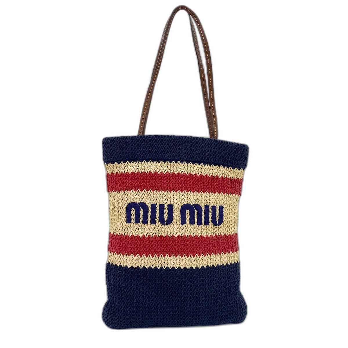 ミュウ ミュウ Miu Miu ラフィア コットン ラフィア エファクトウーブン 刺繍 トートバッグ【中古】