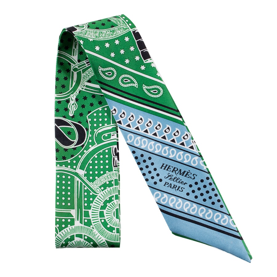 HERMES エルメス Eperon d'Or Bandana エプロン ドール バンダナ 062978S 07 ツイリー スカーフ  2024SS グリーン ブルー【中古】