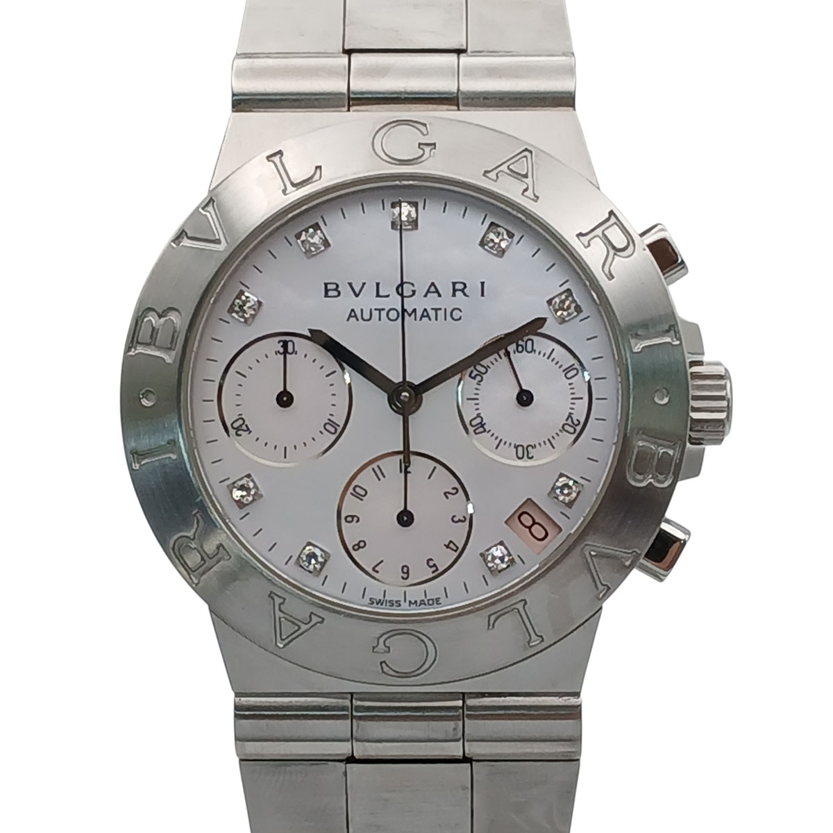 BVLGARI ブルガリ ディアゴノ スポーツ クロノグラフ 自動巻き 35mm MOP 9P ダイヤモンド 腕時計 CH35S ステンレススチール シルバー ピンクシェル 自動巻き  メンズ【中古】