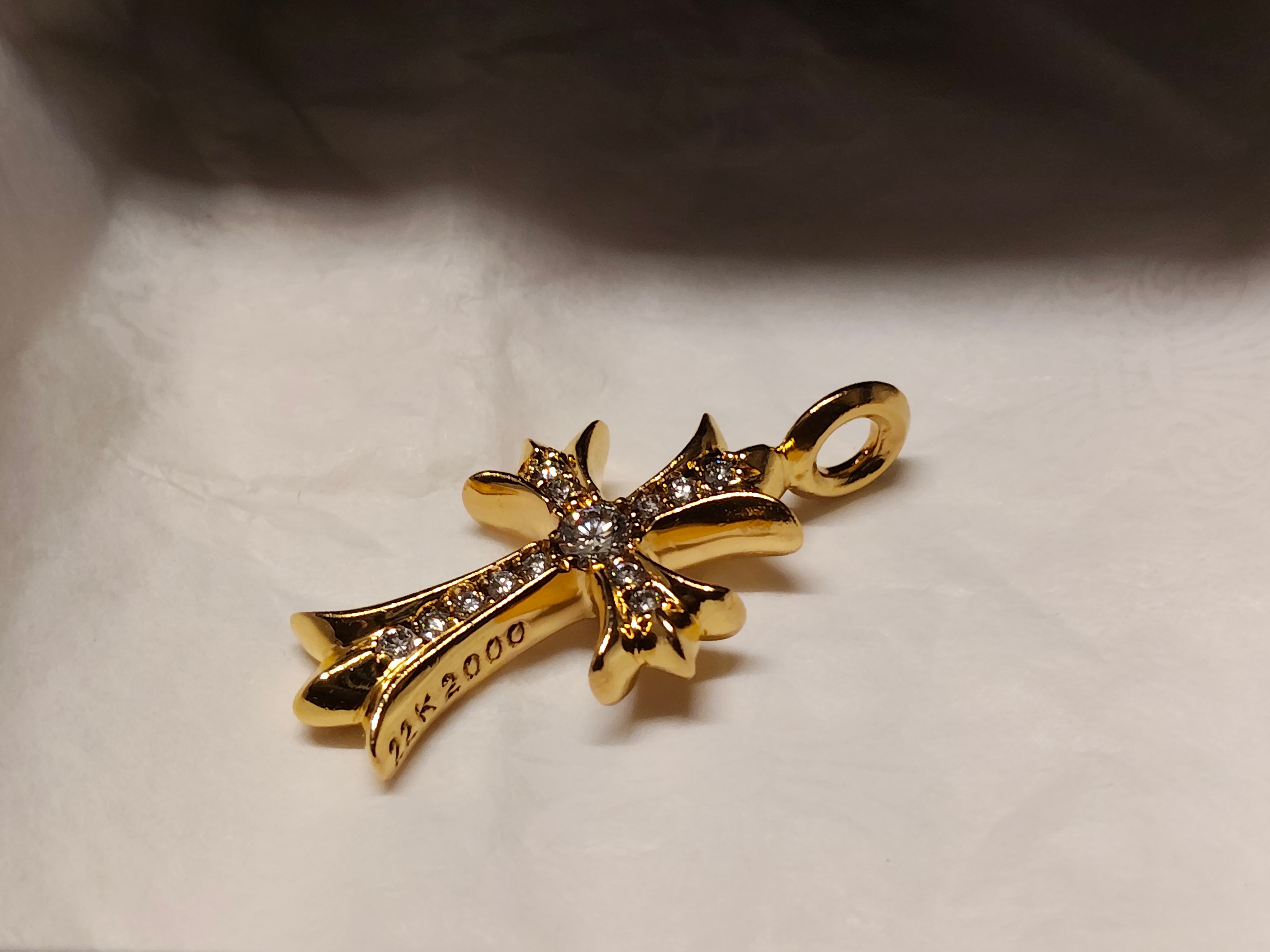 Chrome Hearts 22K Tiny Fat Cross Pave Diamond Pendant Necklace Top "Yellow Gold"