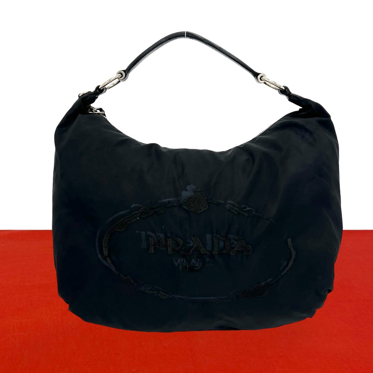 PRADA プラダ ロゴ  刺繍 ナイロン レザー ショルダーバッグ ブラック
 33895
